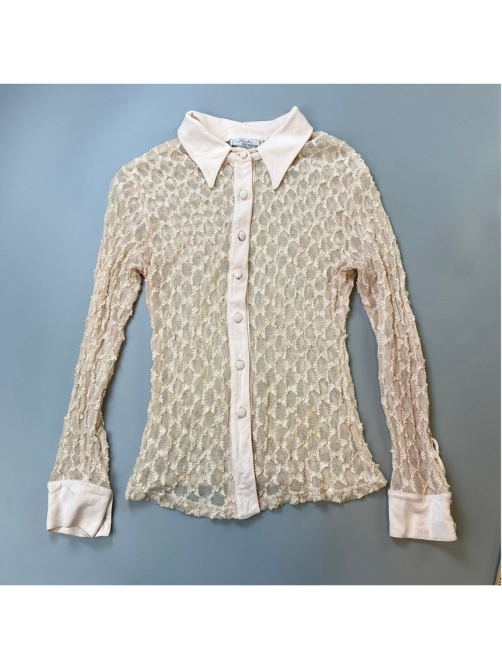 Vintage Holt Renfrew Lace Blouse Medium Beige Y2K Coquette Boho Chic Sheer Layer